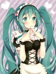  1girl aqua_eyes aqua_hair blush envelope hatsune_miku heart highres long_hair lucky_keai maid maid_headdress mouth_hold solo steepled_fingers striped striped_background twintails very_long_hair vocaloid wavy_mouth wrist_cuffs 