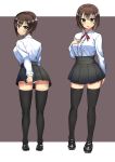  1girl bangs black_legwear black_shoes blush breasts brown_eyes brown_hair commentary dress_shirt embarrassed from_behind full_body girls_und_panzer grey_background highres hikyakuashibi light_frown loafers long_sleeves looking_at_viewer looking_back meme_attire miniskirt multiple_views nishizumi_maho outside_border panties pantyshot pantyshot_(standing) parted_lips pleated_skirt red_ribbon ribbon shirt shoes short_hair skirt skirt_tug solo standing thigh-highs thighs underwear virgin_killer_outfit white_panties white_shirt 