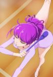  1girl :o alternate_hairstyle ballerina breasts cleavage haruyama_kazunori kirakira_precure_a_la_mode kotozume_yukari leg_up precure purple_hair short_hair solo standing standing_on_one_leg 