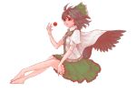  1girl alternate_hair_length alternate_hairstyle barefoot black_hair black_wings blouse bow cape feathered_wings full_body green_skirt hair_bow legs lips ma_nyan_(nyao_mao_nyao) puffy_short_sleeves puffy_sleeves red_eyes reiuji_utsuho short_sleeves skirt solo touhou white_blouse wings 