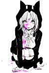  1girl all_fours blood dangan_ronpa greyscale hood hoodie monochrome nanami_chiaki pink_blood ribbon school_uniform signature simple_background skirt solo spot_color super_dangan_ronpa_2 white_background yokoyari_mengo 