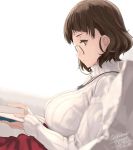  1girl 2017 alternate_costume artist_name blanket book breasts brown_eyes brown_hair closed_mouth dated from_side glasses holding holding_book jewelry kantai_collection large_breasts long_sleeves looking_at_viewer lying necklace pillow reading ribbed_sweater rokuwata_tomoe roma_(kantai_collection) short_hair sleeves_past_wrists solo sweater swimsuit turtleneck turtleneck_sweater twitter_username white_swimsuit 