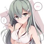  1girl bare_arms bare_shoulders bikini bikini_top blush bow breasts cleavage closed_mouth collarbone eyebrows_visible_through_hair front-tie_bikini front-tie_top green_eyes green_hair hair_between_eyes hair_ornament hair_twirling hairclip head_tilt kantai_collection long_hair looking_at_viewer medium_breasts motion_lines netarou solo spoken_blush suzuya_(kantai_collection) swimsuit tareme thinking thought_bubble translation_request upper_body white_bikini white_bow 