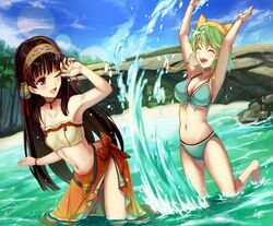  2girls :d ;d ^_^ animal_hat arms_up atelier_(series) atelier_shallie barefoot bikini blue_bikini bracelet breasts brown_eyes brown_hair cat_hat closed_eyes clouds collarbone day dutch_angle female green_hair hairband hat highres jewelry leg_up lens_flare long_hair looking_back medium_breasts multiple_girls navel one_eye_closed open_mouth outdoors partially_submerged reimaco rock sarong shallistera_(atelier) shallotte_elminus short_hair sky small_breasts smile splashing standing swimsuit very_long_hair water 