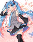 1girl blue_eyes blue_hair detached_sleeves hatsune_miku highres long_hair musical_note necktie open_mouth skirt solo thigh-highs twintails very_long_hair vocaloid 