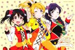  3girls :d ;o artist_name ayase_eli black_hair blonde_hair blue_eyes braid character_name earrings hair_ornament heart high_ponytail highres jewelry looking_at_viewer love_live! love_live!_school_idol_project multiple_girls oda_masaru one_eye_closed open_mouth purple_hair red_eyes smile toujou_nozomi twintails yazawa_nico 