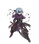  1girl armor armored_boots axe belka_(fire_emblem_if) black_eyes blue_hair boots capelet fire_emblem fire_emblem_heroes fire_emblem_if full_body gloves headband highres injury lack official_art scar solo teeth torn_clothes transparent_background weapon 