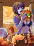  1girl ;o alcohol beer bikini_top black_eyes breasts brown_hair cleavage eating evening food fried_chicken hamburger holding holding_food hood hoodie jmg knife looking_at_viewer medium_breasts navel one_eye_closed open_clothes open_hoodie open_mouth original sharp_teeth short_hair sleeves_rolled_up slit_pupils steak stomach teeth upper_body 