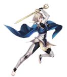  1boy armor artist_request attack bangs black_gloves blue_cape cape collar fire_emblem fire_emblem_heroes fire_emblem_if gloves highres holding holding_sword holding_weapon katana male_focus male_my_unit_(fire_emblem_if) my_unit_(fire_emblem_if) official_art open_mouth pointy_ears red_eyes serious silver_hair solo spiky_hair sword teeth toeless_legwear weapon 