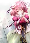  1girl bandage bandaged_arm breath bun_cover chinese_clothes double_bun flower hair_bun hair_rings ibaraki_kasen masa103kei open_mouth pink_eyes pink_hair pink_rose puffy_sleeves ribbon rose short_hair skirt solo tabard touhou 