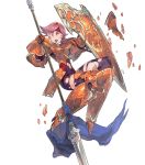  1girl armor armored_boots boots fire_emblem fire_emblem:_fuuin_no_tsurugi fire_emblem_heroes full_body gloves headband highres injury masao_tsubasa official_art one_eye_closed open_mouth orange_eyes pink_hair polearm shield solo spear teeth torn_clothes transparent_background weapon wendy_(fire_emblem) 