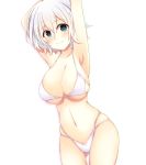  1girl aqua_eyes armpits arms_up bikini blush breasts cleavage cowboy_shot gluteal_fold green_eyes highres large_breasts looking_at_viewer medium_breasts navel original sakakidani shiny shiny_skin short_hair skindentation smile solo swimsuit thigh_gap white_background white_bikini white_hair 