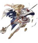  1girl armor blonde_hair boots cape fire_emblem fire_emblem_heroes full_body gloves green_eyes highres injury kozaki_yuusuke long_hair low_ponytail official_art polearm sharena simple_background solo spear teeth torn_cape torn_clothes transparent_background weapon 