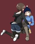  2girls bangs black_shoes black_sweater blue_hat blue_shorts blue_sweater blush bobblehat boots brown_boots brown_eyes brown_hair casual commentary_request crotch_seam denim denim_shorts emblem from_behind full_body girls_und_panzer hand_holding hat hikyakuashibi hood hoodie kneeling lace lace-trimmed_panties long_hair long_sleeves looking_at_another looking_at_viewer maroon_background mika_(girls_und_panzer) miniskirt multiple_girls nishizumi_maho one_eye_closed panties panties_under_pantyhose pantyhose pantyhose_under_shorts pantyshot pantyshot_(sitting) parted_lips pleated_skirt ribbed_sweater shoes short_hair short_shorts shorts simple_background sitting skirt smile swastika sweater turtleneck underwear winter_clothes yellow_skirt yuri 