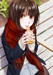  1girl absurdres beige_sweater bench black_legwear blue_skirt blush bottle brown_eyes day from_above head_tilt highres holding holding_bottle long_hair looking_at_viewer original outdoors pantyhose plant red_scarf reimaco scarf sitting sketch skirt sleeves_past_wrists solo sweater 