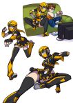  1boy 1girl :q black_legwear black_panties black_skirt blue_eyes breasts bumblebee character_request choker clenched_hands collage controller couch face_mask flying_kick full_body game_console game_controller gamepad genderswap genderswap_(mtf) highres kicking mask panties pantyshot personification playing_games pleated_skirt punching red-framed_eyewear ringed_eyes ryuusei_(mark_ii) skirt small_breasts thigh-highs tongue tongue_out transformers underwear white_background zettai_ryouiki 