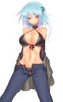  1girl bare_shoulders bikini bikini_under_clothes black_bikini black_gloves blue_hair blush breasts choker cleavage denim elbow_gloves eyes_visible_through_hair front-tie_top gloves hair_over_eyes highres jeans kyuusui_gakari large_breasts looking_at_viewer midriff navel open_clothes original pants short_hair solo swimsuit swimsuit_under_clothes unzipped violet_eyes 