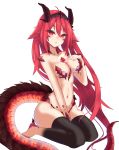  1girl bare_shoulders between_legs breasts cleavage dragon dragon_girl dragon_horns dragon_tail hair_between_eyes highres horns long_hair looking_at_viewer medium_breasts monster_girl navel original personification red_eyes redhead simple_background sitting solo stomach tail thighs tohochang very_long_hair 