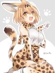  1girl :d animal_ears bare_shoulders between_legs blonde_hair blush boots bow bowtie breasts cat_ears cat_tail elbow_gloves eyebrows_visible_through_hair gloves hair_between_eyes hand_between_legs kemono_friends looking_at_viewer open_mouth paw_pose paw_print serval_(kemono_friends) shijima_(sjmr02) short_hair sitting skirt sleeveless smile solo tail teeth thigh-highs twitter_username two-tone_background wariza yellow_eyes 