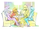  4girls blake_belladonna cafe color_connection commentary couch drinking drinking_straw glasses iesupa menu multiple_girls pepper_shaker roosterteeth ruby_rose rwby salt_shaker seiyuu_connection table weiss_schnee window yang_xiao_long 
