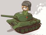  1girl bangs black_hat blonde_hair blue_eyes blush_stickers chibi girls_und_panzer grey_background ground_vehicle hat helmet highres katyusha long_sleeves looking_to_the_side military military_vehicle motor_vehicle open_mouth pravda_(emblem) riding sabaku_chitai short_hair short_jumpsuit sitting smile solo t-34 tank 