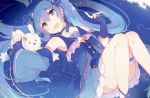  1girl blue_eyes blue_hair detached_sleeves dress earrings fingerless_gloves gloves hatsune_miku jewelry kaneko_aaru long_hair looking_at_viewer lying on_back open_mouth rabbit twintails very_long_hair vocaloid wand yukine_(vocaloid) 