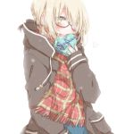  1girl blonde_hair blush fate/grand_order fate_(series) glasses heroine_x heroine_x_(alter) hiro_(hirohiro31) jacket looking_at_viewer plaid plaid_scarf saber scarf semi-rimless_glasses short_hair simple_background solo under-rim_glasses valentine yellow_eyes 