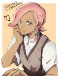  1boy blue_eyes dark_skin dark_skinned_male hair_ornament ilima_(pokemon) kino_(noki418) looking_at_viewer male_focus pink_hair pokemon pokemon_(game) pokemon_sm ponytail short_sleeves smile sweater_vest trial_captain 