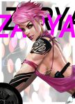  1girl absurdres bare_back cable character_name digital_media_player drawstring earphones earphones from_side green_eyes highres looking_at_viewer petri_rahkola pink_hair pink_shirt scar scar_across_eye shirt sleeveless solo tank_top upper_body zarya_(overwatch) 