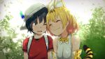 2girls :3 animal_ears backlighting bare_shoulders black_hair blonde_hair blurry blurry_background blush bow bowtie breasts closed_eyes day elbow_gloves eyebrows_visible_through_hair gloves highres kaban kemono_friends kemurihaku light_rays looking_at_another multiple_girls nature one_eye_closed open_mouth outdoors red_shirt safari_hat serval_(kemono_friends) shirt short_hair shoulder-to-shoulder sleeveless smile sunbeam sunlight t-shirt tail tree_shade upper_body yuri 