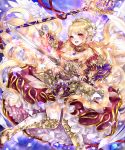  1girl angel_wings bare_shoulders blonde_hair crown dress flower greek_mythology hair_flower hair_ornament haruci highres holding holding_staff holding_sword holding_weapon long_hair looking_at_viewer nike_(mythology) open_mouth petals petticoat shingoku_no_valhalla_gate solo staff sword thigh-highs very_long_hair weapon white_legwear wings 