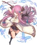  1girl bare_shoulders black_gloves black_legwear blue_eyes braid breasts butterfly chokuro doraf elbow_gloves from_above full_body gloves granblue_fantasy hair_ornament hair_over_one_eye highres holding holding_weapon large_breasts lavender_hair long_hair looking_at_viewer narumeia_(granblue_fantasy) outstretched_arm pointy_ears reaching_out sidelocks single_braid single_elbow_glove single_thighhigh thigh-highs thigh_strap weapon 