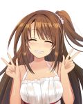  1girl ^_^ alternate_costume breasts brown_hair closed_eyes cowboy_shot dress eve_dizzy eyebrows_visible_through_hair idolmaster idolmaster_cinderella_girls long_hair medium_breasts scrunchie shimamura_uzuki shiny shiny_skin side_ponytail smile solo v white_dress 