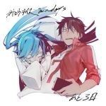  1boy 1girl alternate_costume black_hair blue_hair cellphone copyright_name ene_(kagerou_project) headphones highres jacket kagerou_project kisaragi_shintarou long_hair looking_at_viewer open_clothes open_jacket phone sanpaku shizu_(9394marimo) sleeves_past_wrists smirk sweatdrop twintails upper_body 