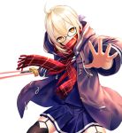  1girl ahoge black_legwear blonde_hair braid excalibur fate/grand_order fate_(series) garter_straps glasses heroine_x heroine_x_(alter) highres infinote jacket looking_at_viewer outstretched_hand plaid plaid_scarf red_scarf saber scarf school_uniform semi-rimless_glasses serafuku simple_background solo sword thigh-highs under-rim_glasses weapon white_background yellow_eyes 