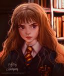  1girl artist_name bangs blunt_bangs blurry blurry_background book bookshelf brown_eyes brown_hair closed_mouth collared_shirt emblem gryffindor harry_potter hermione_granger long_hair looking_at_viewer necktie numyumy portrait realistic red_lips school_uniform shirt solo striped striped_necktie thick_eyebrows upper_body watermark wavy_hair web_address white_shirt wing_collar 