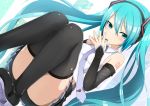  1girl abmayo aqua_eyes arm_tattoo bare_shoulders between_breasts black_boots black_skirt blue_hair boots breasts closed_mouth collared_shirt convenient_leg detached_sleeves dutch_angle fingers_together hair_between_eyes hatsune_miku headphones highres long_hair long_sleeves looking_at_viewer miniskirt nail_polish necktie necktie_between_breasts number_tattoo pink_nails pleated_skirt purple_necktie shiny shiny_hair shirt skirt sleeveless sleeveless_shirt small_breasts smile squatting tattoo thigh-highs thigh_boots twintails very_long_hair vocaloid white_shirt wing_collar 
