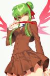  1girl :o blue_bow blue_bowtie bow bowtie breasts brown_jacket brown_skirt buttons c.c. code_geass cosplay cowboy_shot creayus cropped_jacket double_bun eyebrows_visible_through_hair feathers fushigi_yuugi green_hair hair_ribbon holding_feeather long_sleeves looking_at_viewer looking_down medium_breasts parted_lips pleated_skirt red_ribbon ribbon school_uniform short_hair_with_long_locks sidelocks simple_background skirt solo standing thighs white_background yellow_eyes yuuki_miaka yuuki_miaka_(cosplay) 