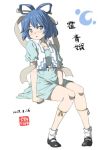  1girl 2017 between_legs black_shoes blue_dress blue_eyes blue_hair blush bobby_socks character_name collarbone collared_vest dated dress frilled_sleeves frills full_body hair_ornament hair_stick hand_between_legs inuno_rakugaki kaku_seiga looking_at_viewer mary_janes open_mouth puffy_short_sleeves puffy_sleeves shawl shoes short_dress short_sleeves sitting socks solo touhou vest white_background white_legwear white_vest 