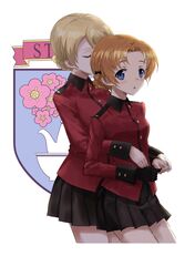  2girls bangs black_gloves black_ribbon black_skirt blonde_hair blue_eyes blush braid closed_eyes cowboy_shot darjeeling emblem girls_und_panzer gloves hair_ribbon highres hug hug_from_behind jacket long_sleeves military military_uniform miniskirt multiple_girls orange_hair orange_pekoe parted_bangs parted_lips pleated_skirt red_jacket ribbon short_hair skirt st._gloriana&#039;s_(emblem) thorn_(ashthorn) tied_hair twin_braids uniform white_background yuri 