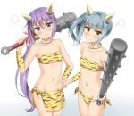  2girls akebono_(kantai_collection) alternate_costume bell club cowboy_shot embarrassed flower grey_hair groin hair_bell hair_between_eyes hair_flower hair_ornament holding holding_weapon horns jingle_bell kantai_collection kasumi_(kantai_collection) long_hair looking_at_viewer midriff multiple_girls navel nedia_r oni oni_horns pointing pointing_at_viewer purple_hair setsubun side_ponytail spiked_club tiger_stripes tsundere very_long_hair violet_eyes weapon yellow_eyes 