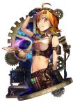  1girl :3 adjusting_goggles ahoge animal_robot aqua_hair arm_at_side arm_belt arm_up bangs bare_shoulders belt belt_buckle belt_pouch bird black_gloves breasts brown_hair buckle cable center_frills chains closed_mouth collared_shirt crop_top eyelashes fingerless_gloves from_side gears gem gloves glowing goggles goggles_on_head green_hair gun hair_between_eyes handgun highres holster idolmaster idolmaster_million_live! jewelry liquid looking_at_viewer machinery medium_breasts midriff multicolored_hair navel necklace night night_sky orange_eyes orange_hair pendant portal_(object) pos pouch shirt sky sleeveless smile solo sparkle steampunk stomach streaked_hair tassel test_tube weapon white_background white_shirt yabuki_kana 