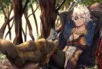  1boy artist_name blue_eyes boots bow_(weapon) cape dark_skin dark_skinned_male eyepatch fire_emblem fire_emblem_if leaf male_focus quiver sitting solo tree wani_(fadgrith) weapon white_hair zero_(fire_emblem_if) 