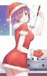  1girl :q ass breasts christmas cooking dress eyebrows_visible_through_hair fate/grand_order fate_(series) gloves hair_over_one_eye haru_(hiyori-kohal) ladle looking_back mittens purple_hair santa_costume shielder_(fate/grand_order) short_hair single_glove smile snow solo stove tongue tongue_out violet_eyes window 