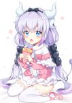  1girl bangs beads black_hairband blue_eyes blush bow capelet crepe dragon_girl dragon_horns dragon_tail dress eyebrows_visible_through_hair fang food full_body gradient_hair hair_beads hair_bow hair_ornament hairband highres holding holding_food horns kanna_kamui kobayashi-san_chi_no_maidragon long_hair long_sleeves looking_at_viewer monster_girl multicolored_hair open_mouth pingo pink_shoes shiny shiny_skin shoes short_dress silver_hair simple_background sitting solo tail thigh-highs tied_hair twintails wariza white_background white_legwear 