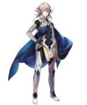  1boy armor artist_request bangs black_gloves blue_cape cape collar fire_emblem fire_emblem_heroes fire_emblem_if gloves hand_on_hip highres light_smile looking_at_viewer male_focus male_my_unit_(fire_emblem_if) my_unit_(fire_emblem_if) official_art pointy_ears red_eyes silver_hair solo spiky_hair toeless_legwear 
