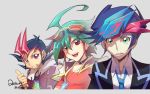  3boys ahoge black_hair blue_hair brown_eyes ege_(597100016) fujiki_yuusaku goggles goggles_on_head green_eyes green_hair grey_background hood hoodie male_focus multicolored_hair multiple_boys red_eyes sakaki_yuuya short_hair simple_background thumbs_up tsukumo_yuuma two-tone_hair upper_body yuu-gi-ou yuu-gi-ou_arc-v yuu-gi-ou_vrains yuu-gi-ou_zexal 