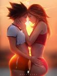  2girls ass bike_shorts brown_hair crop_top emily_(overwatch) eye_contact goggles goggles_around_neck looking_at_another multiple_girls overwatch redhead ross_tran spiky_hair sports_bra sunlight tracer_(overwatch) underwear yuri 