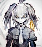  1girl ahoge bird commentary_request hair_between_eyes kei-suwabe kemono_friends limited_palette looking_at_viewer necktie shirt shoebill short_sleeves staring twintails twitter_username upper_body white_background yellow_eyes 