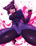  &gt;:d 1girl :d bangs black_gloves blunt_bangs bodysuit_under_clothes breasts erect_nipples eyepatch fingerless_gloves gloves han_juri highres jmg large_breasts looking_at_viewer open_mouth pink_eyes purple_hair short_hair skin_tight smile solo spread_legs street_fighter street_fighter_v teeth two_side_up wrist_guards 